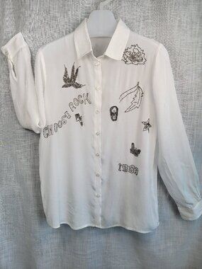 IKKS XS White Beaded Choose Rock Sheer Button Down Shirt Glam Rock Embroidered